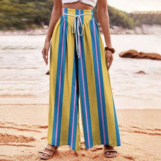 Puntoco Pantalón Ancho De Pierna Ancha Con Cordón Estampado No Posicionado De Moda Para Mujer Amarillo L