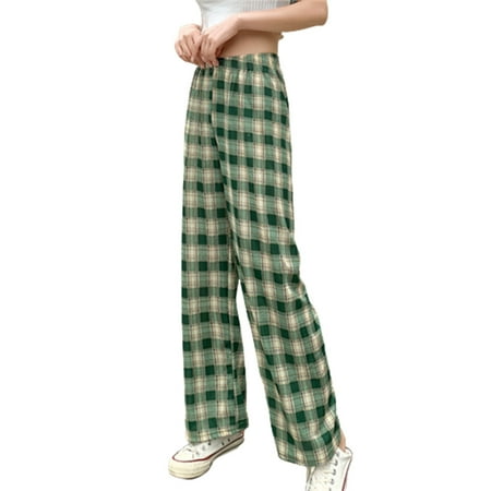 

Casual Pants for Women Straight Wide Leg Trousers High Elastic Waist Pajama Sleep Pant L Dark Green Checkered