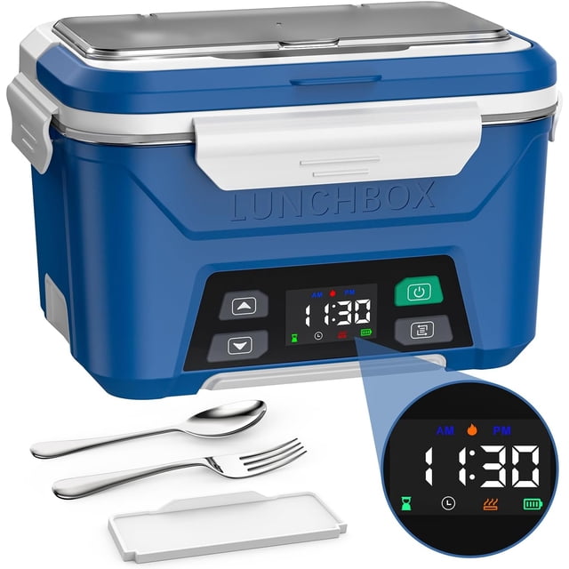 Mpow Cordless Electric Lunch Box for Adults, Heated Lunch Box Battery Powered with Automatic Heating, 5.5 Cups Portable Food Warmer with Removable Tray Divider Blue
