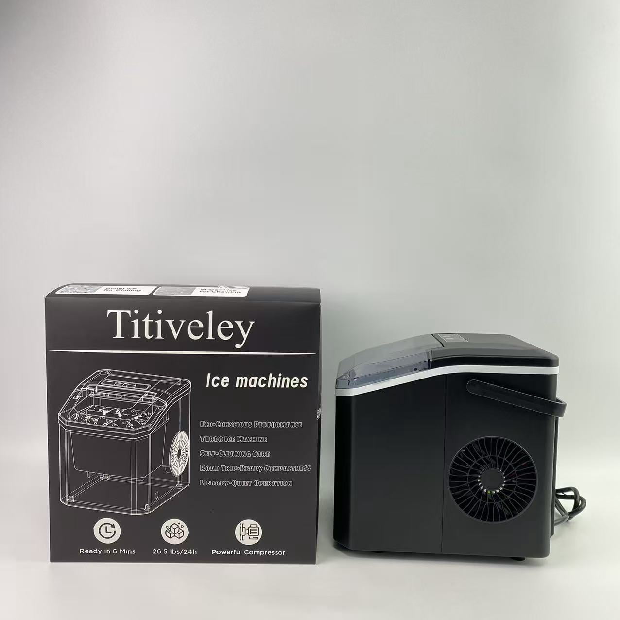 Titiveley Ice cube making machines,Countertop Ice Maker Machine with Handle, 26lbs Per Day, 9 Ice Cubes Ready in 6 Mins (White)