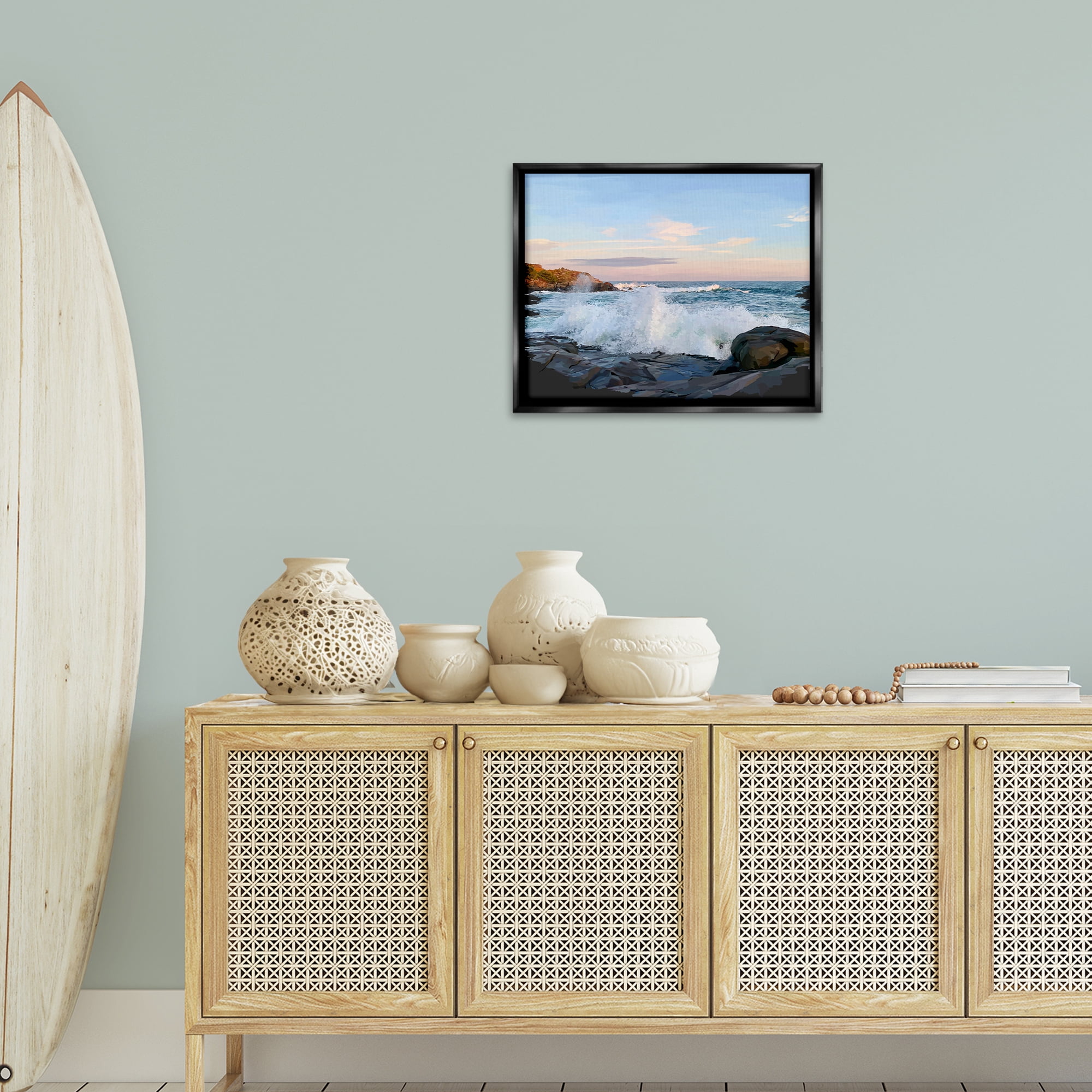 Stupell Industries Strong Breaking Waves Landscape Photography Black Floater Framed Canvas Art Print Wall Art, 21 x 17