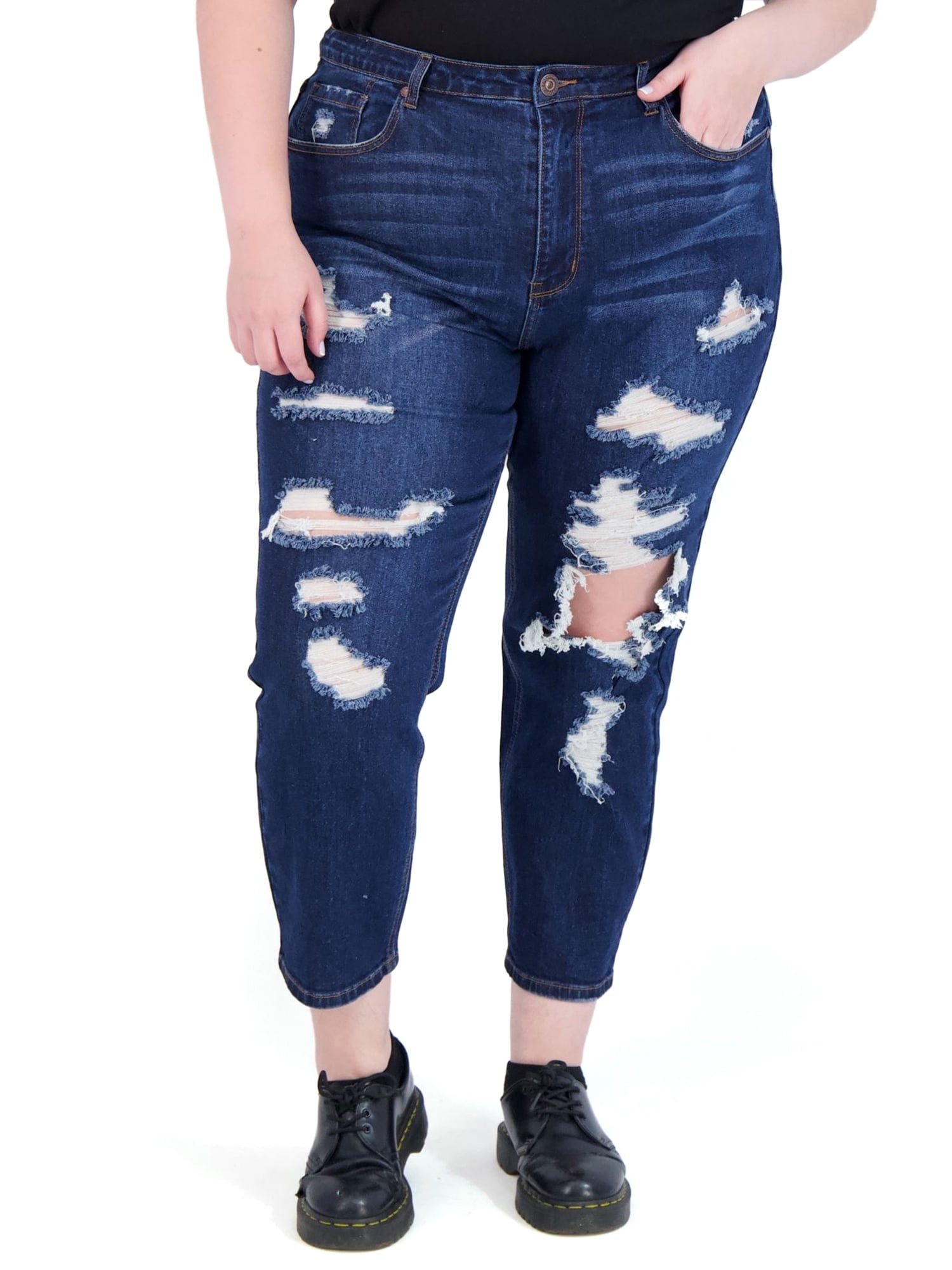 GoGo Jeans Juniors' Plus Size Destructed Mom Jeans - Walmart.com