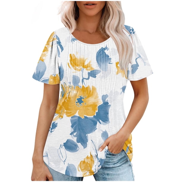 Fiudx Ofertas Relámpago Top Estampado con Cuello Redondo y Manga Corta Informal para Mujer a La Moda