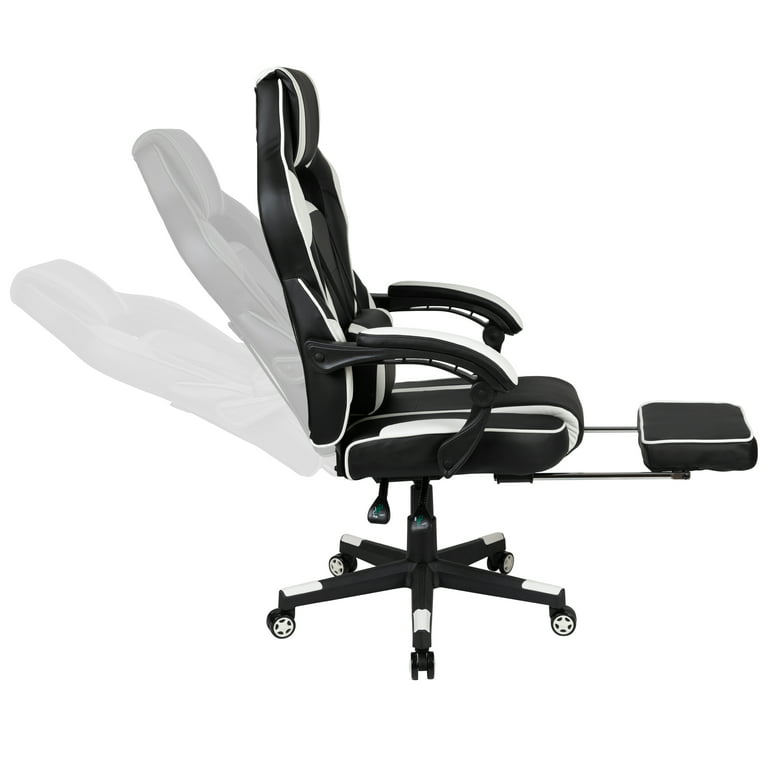 Black Gaming Desk with Cup Holder/Headphone Hook/2 Wire Management Holes &  Black Reclining Back/