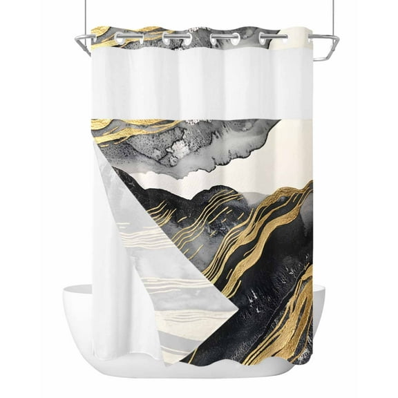 No Hook Cloth Fabric Shower Curtain with Snap in Liner, Marble Black Waterproof Shower Curtains Set with See Through Top Window, Modern Luxury Gold Nature Texture Bath Curtains Shower 72"x84"