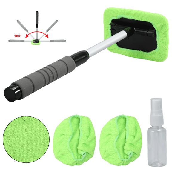 Car Window Cleaning Tool Windshield Cleaner with Extendable Handle, 3pcs Washable Microfiber Pads