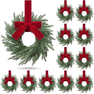 8 Pack Small Christmas Wreaths - Real Touch Norfolk Pine With Plaid Ribbon | 7.8" Wreaths For Cabinet, Door & Window Decor