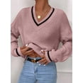 thumbnail image 4 of Winter Women's Clothes Cable Knit V Neck Sweaters Casual Long Sleeve Striped Pullover Sweater Trendy Loose Preppy Jumper Top, 4 of 7