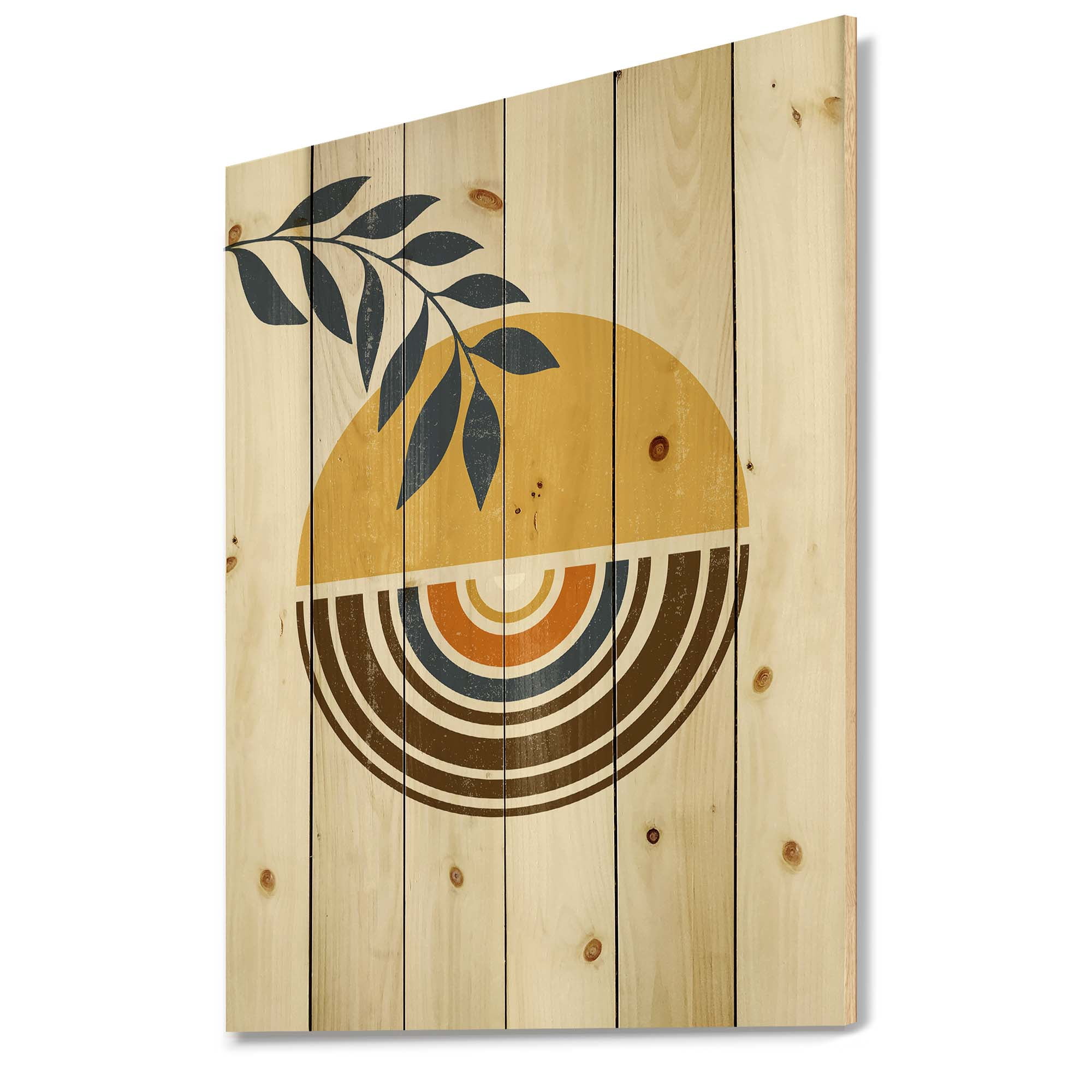 Designart 'Abstract Sun and Moon Leaves ' Modern Print on Natural Pine Wood