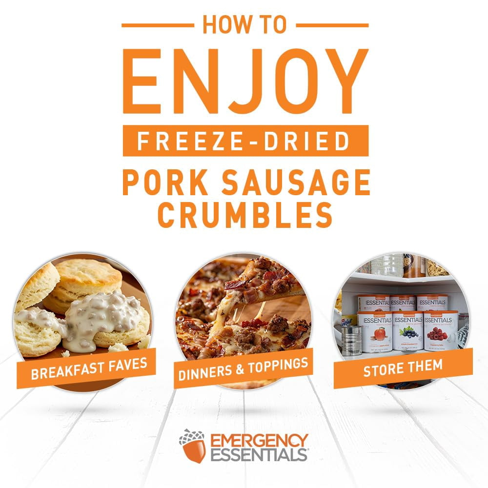 Emergency Essentials Fully Cooked Freeze Dried Pork Sausage Crumbles | 20 Servings | Shelf Stable Protein | 30 Year Shelf Life* | Ready To Use Premium Pork Topping for Breakfast and Every Day Meals