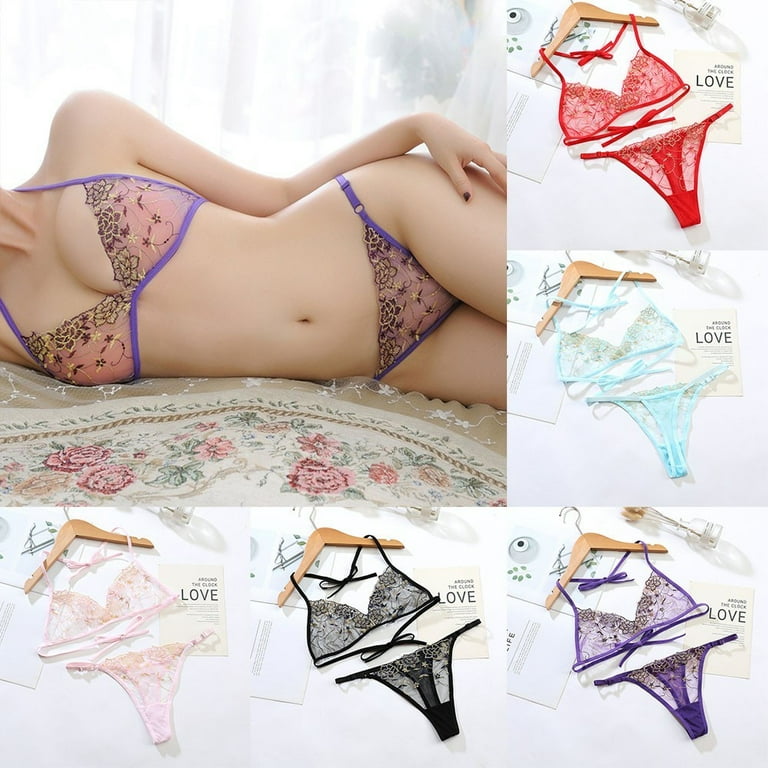 Women Lace G-String Underwear Bikini Set Bra Top Thong Lingerie 