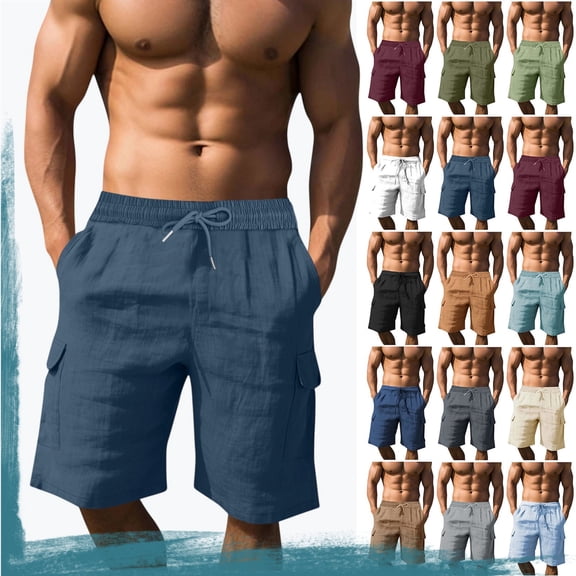 YgkuHd Men's Cotton Linen Solid Casual Shorts - Drawstring Elastic Waist Straight Leg Breathable Beach & Daily Wear Cargo Shorts for Summer,02-Navy_4XL