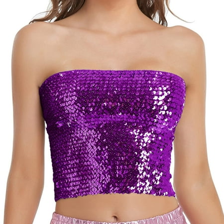 nochalofo Mardi Gras Corset Tops  Sequin Sleeveless Crop Tube Top Fashion Holiday Womens Sparkling Sequins Stretch Party Clubwear Top  Purple