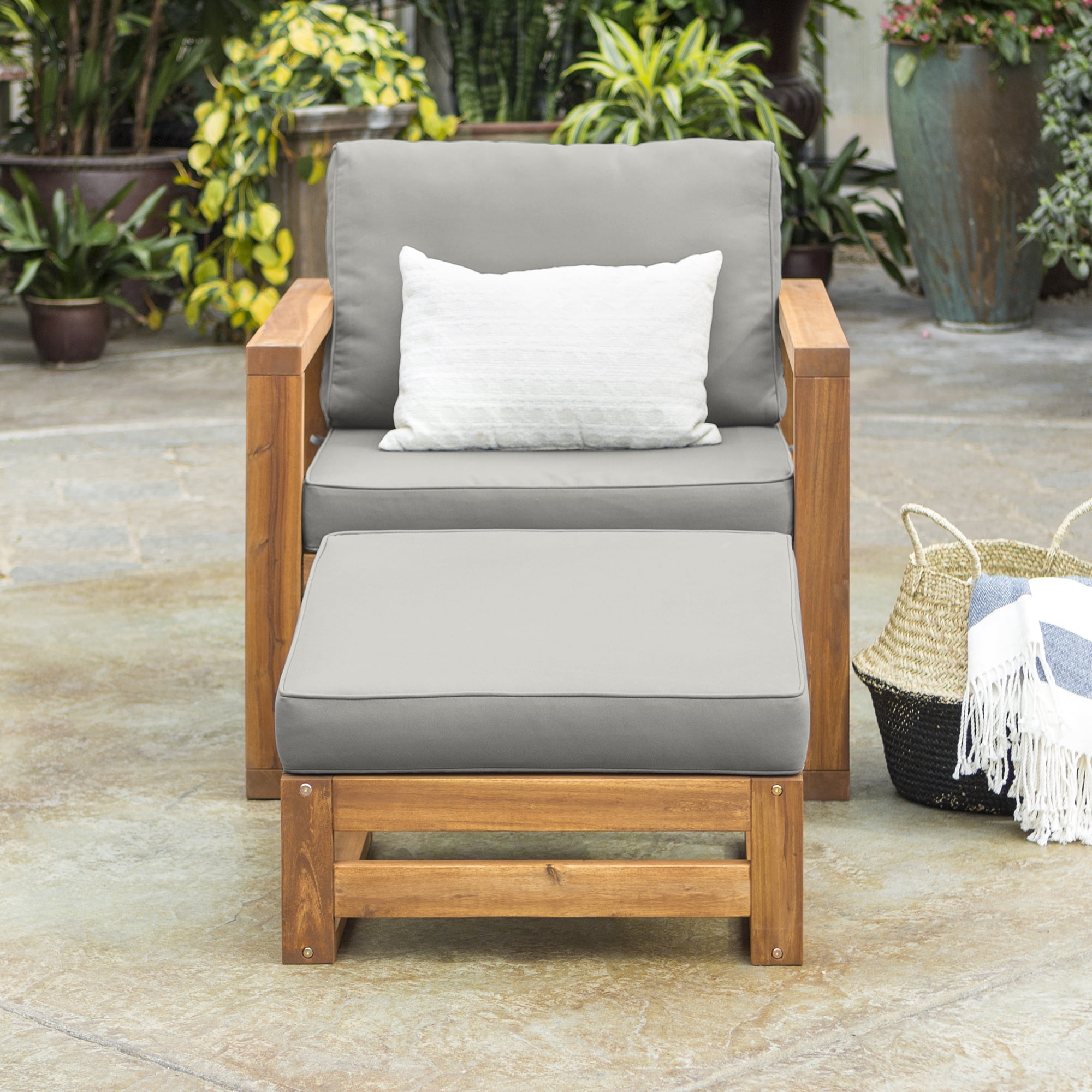 Walker Edison Modern Patio Chair Lounger and Ottoman - Brown