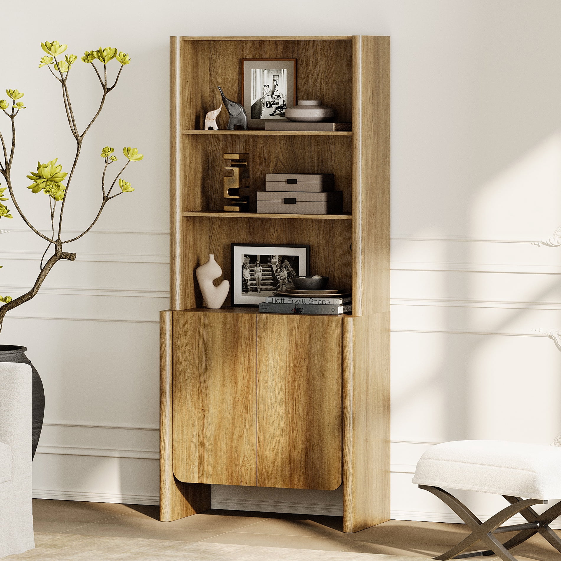 31.5-Inch Modern French Bookcase with Curved Edges, Cabinet Doors and Open Shelves, 72.8" Tall, Walnut