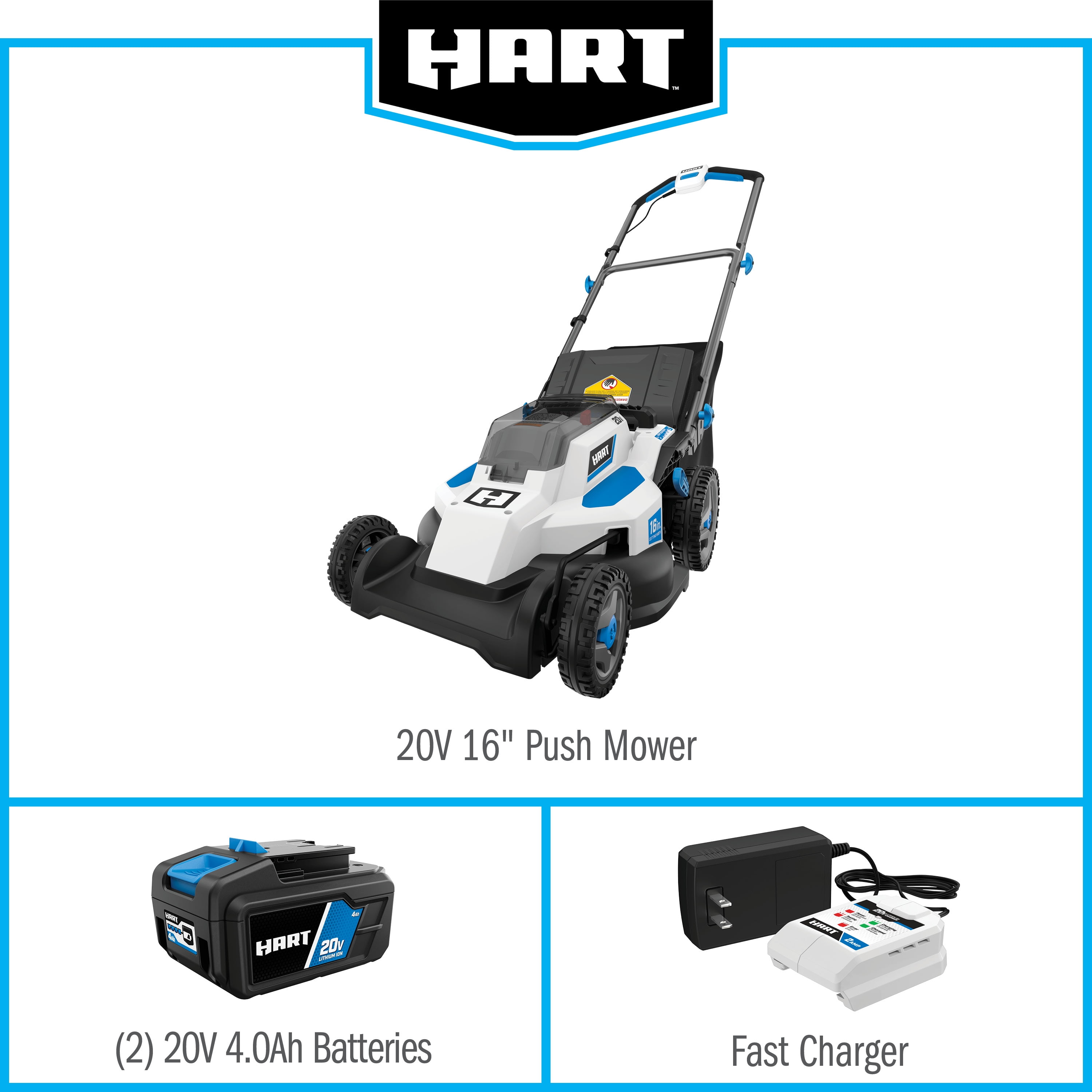 HART 20-Volt 16-inch Push Lawn Mower Kit, (2) 4.0Ah Lithium-Ion Batteries