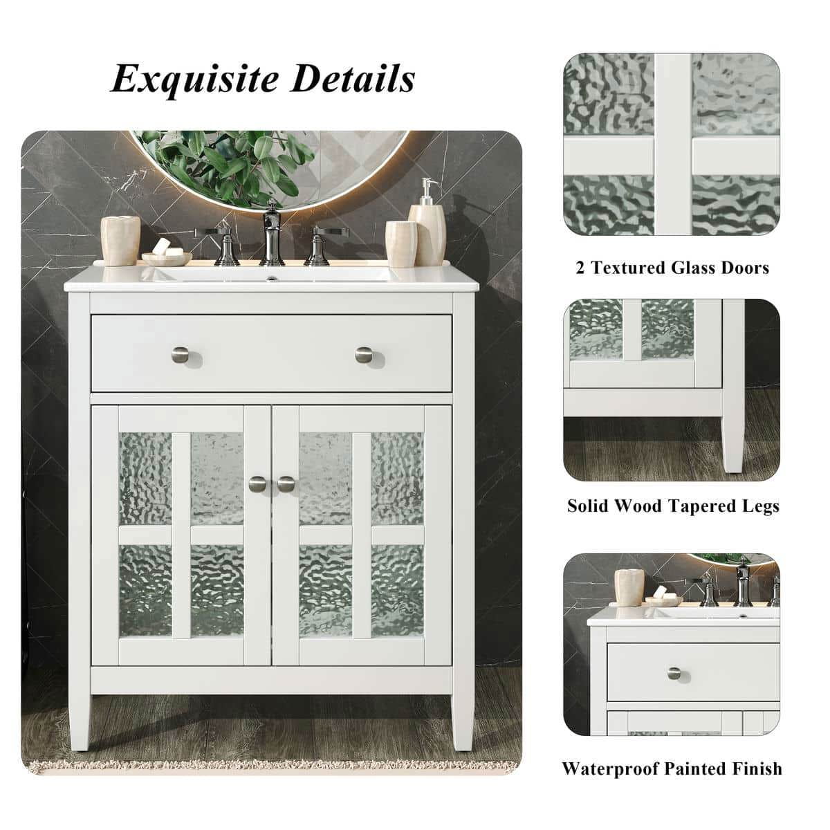 Resenkos 30" Bathroom Vanity with Ceramic Sink, Solid Wood Legs, Adjustable Shelf, Tip-Out Tray, Silver Metal Knobs, Soft Close Hinges - White