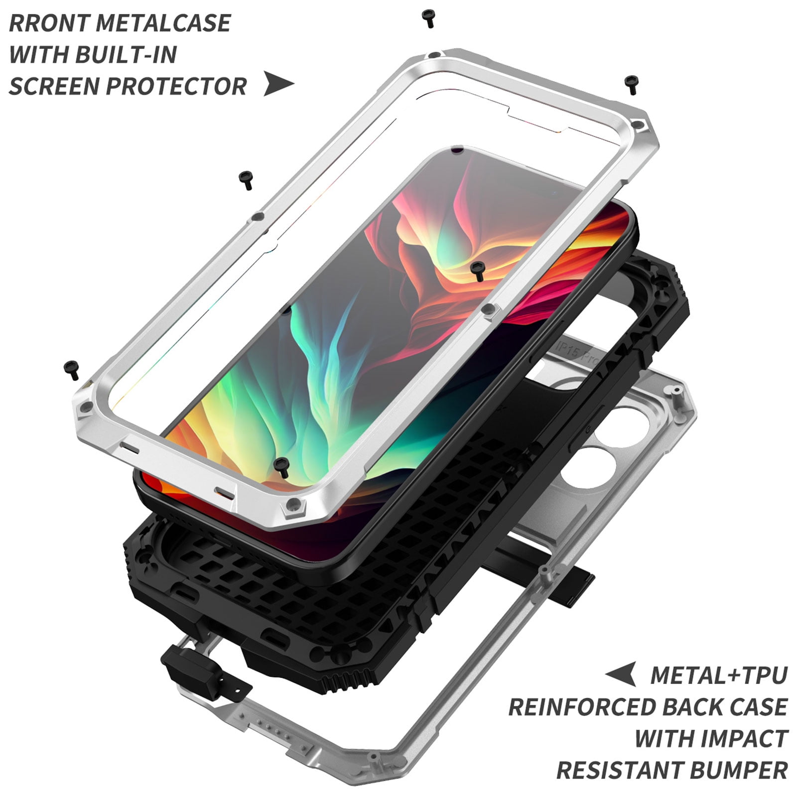 Dteck for iPhone 15 Pro Case,Outdoor Sports Military Heavy Duty Metal Cover Shockproof Dustproof Full Body Case with Built in Tempered Glass Screen Protector Hybrid Kickstand Cover, Silver