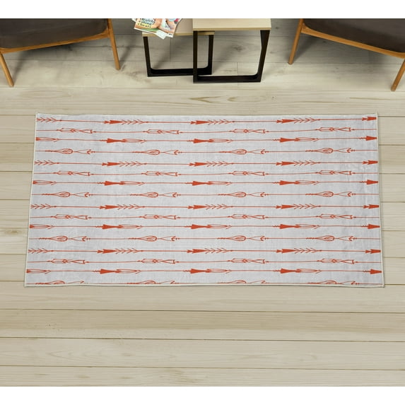 Arrow Decorative Rug, Hand Drawn Repetitive Sticks Pattern Vintage Tribal Illustration Art Print, Quality Carpet for Bedroom Dorm and Living Room, 6 Sizes, Vermilion White, by Ambesonne