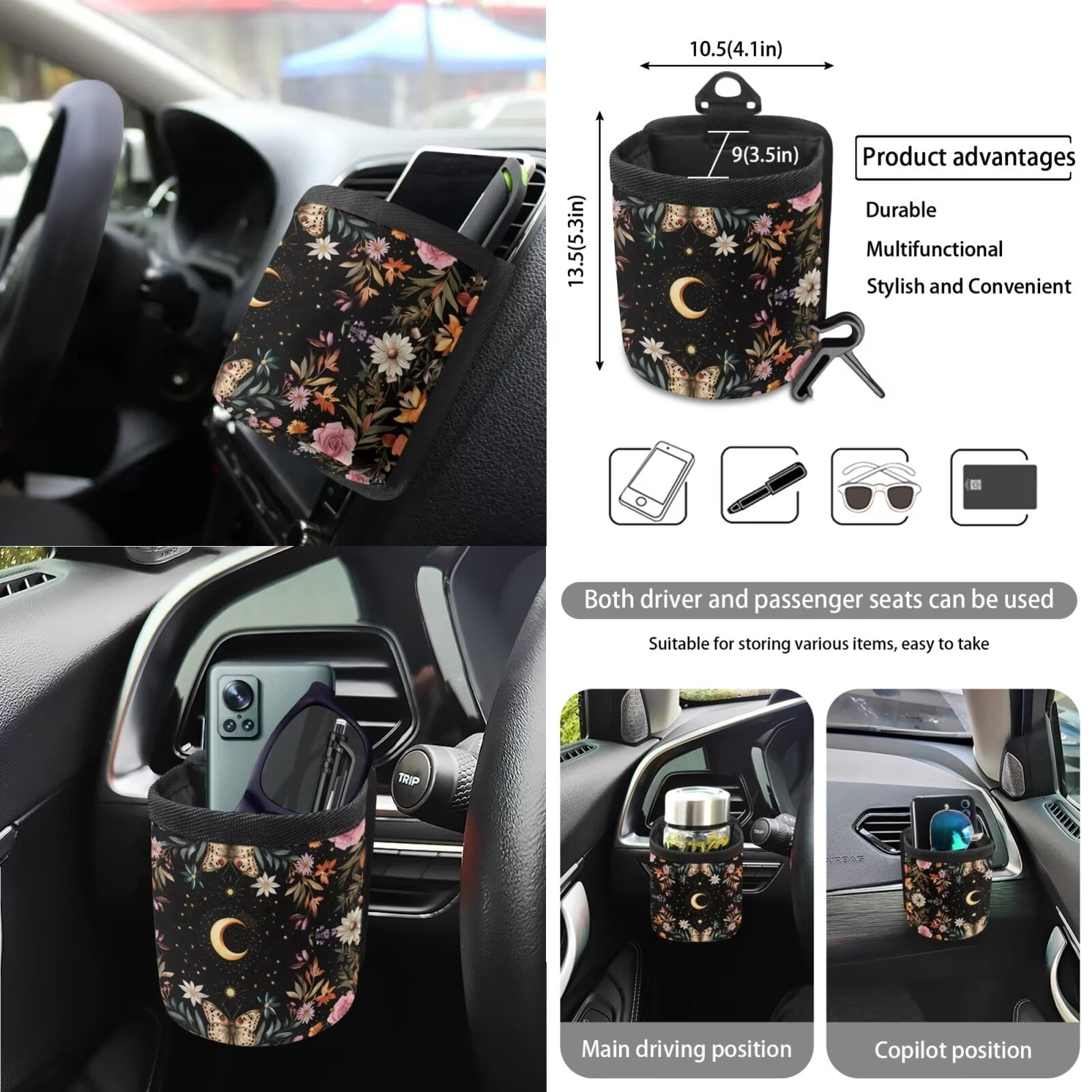 KUIFORTI Butterfly Car Seat Covers Full Set for Women Floral Steering Wheel Cover+Seat Belt Cover Pad+Trash Bag+Rearview Mirror Cover+Coasters+Car Vent Storage Organizer+Key Chain