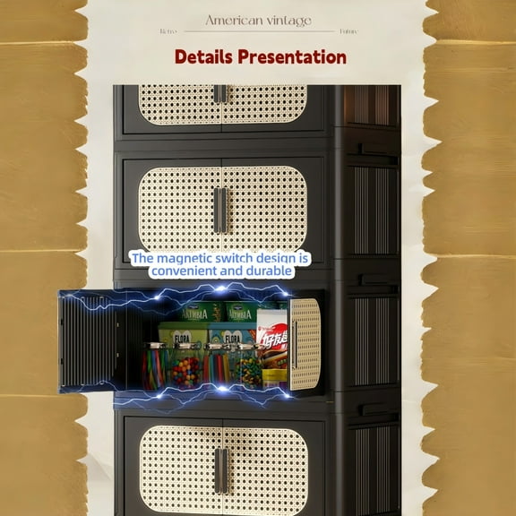 Retro Brown 20 Inch Wide Folding Storage Cabinet with 4 Tiers 19.69 x 11.81 x 40.55 Inches Collapsible Plastic Organizer with Magnetic Door and Wheels for Home Dorm Kitchen