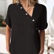 thumbnail image 3 of Camisa de manga corta superior para mujer Cuello irregular Dobladillo curvado Botón de blusa Camisa de color puro Negro M, 3 of 5