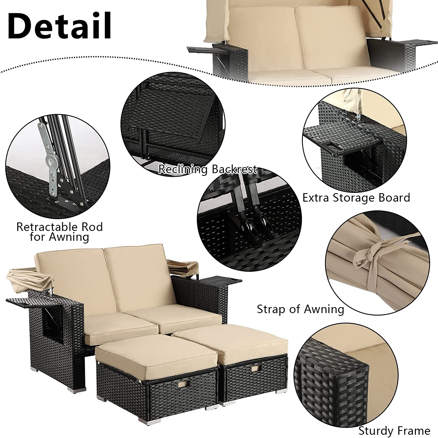 Haverchair Modern Outdoor Convertible Sofa Daybed with Cushions, Rattan ...