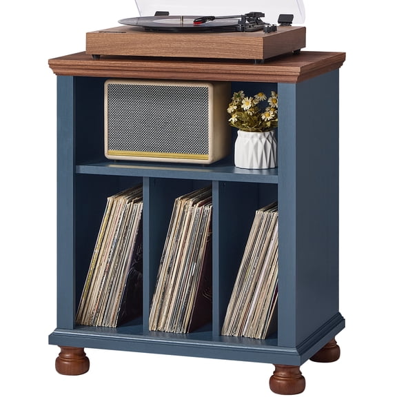 Joaxswe Record Player Stand with Cable Hole, Vinyl Record Cabinet, 24" Mid-Century Turntable Stand Table for Living Room, Blue