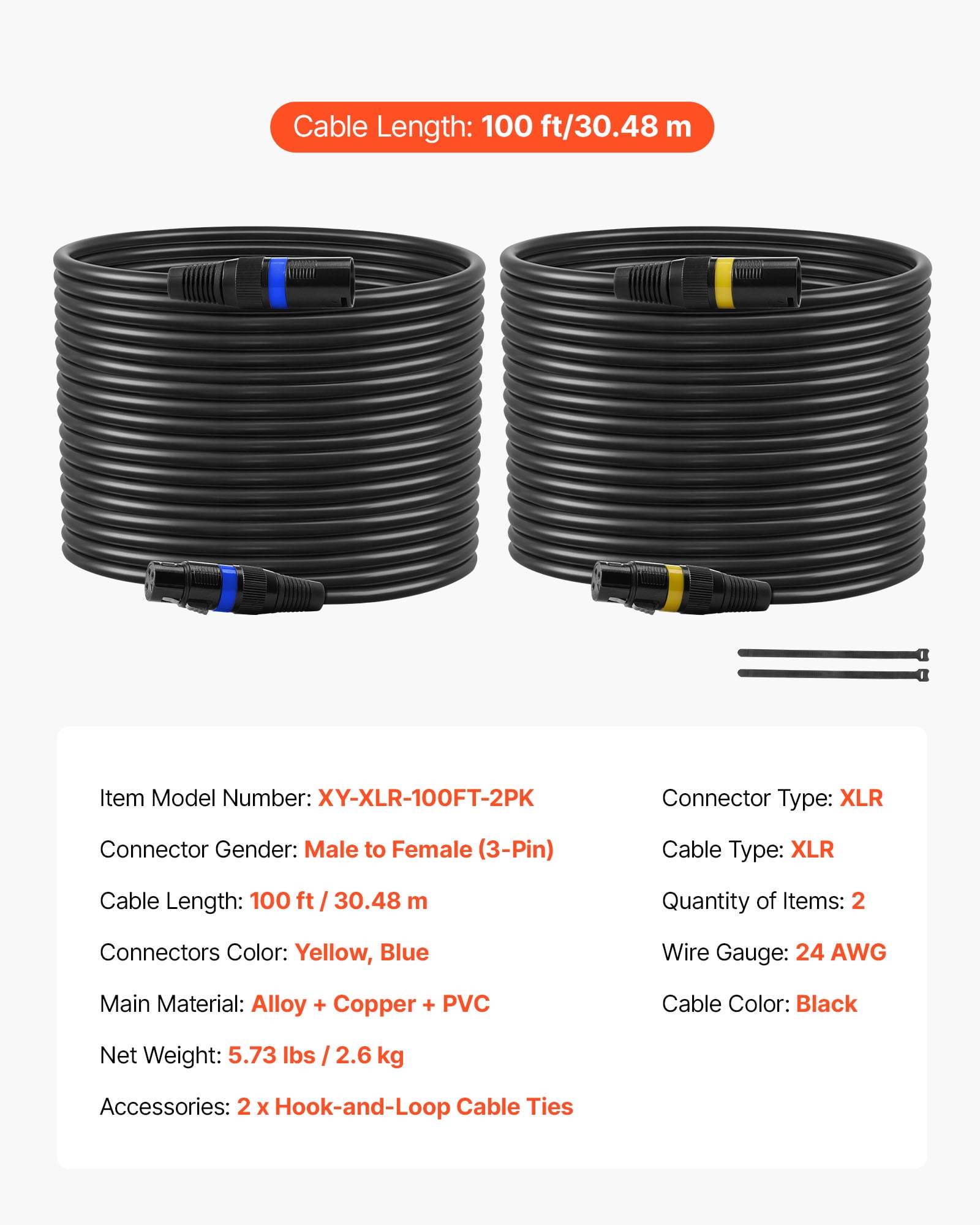 VEVOR XLR Cable 100 ft, 2 Pack, Shielded Balanced DMX Male to Female Microphone Cables, Gold-Plated 3-Pin XLR Mic Speaker Cord Wires, for Stage Lighting,Microphones, Amplifier, Mixer, Speaker Systems