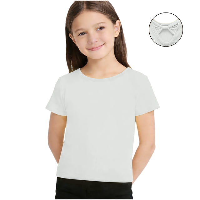 Blusas y camisas de cuello redondo y manga corta para niños Pit Bar Top de manga corta de color liso con lazo en la espalda Top informal de poliéster de manga corta para niños