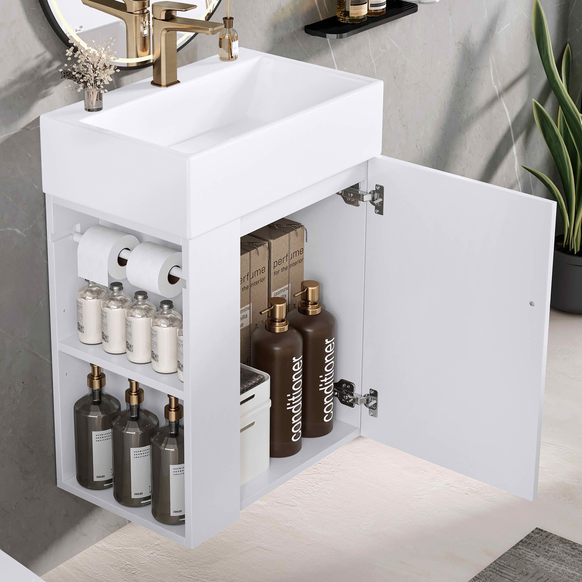 MAYEERTY 20" Bathroom Vanity Ceramic Sink Diamond Door Gold Handle Side Shelves Towel Bar MDF
