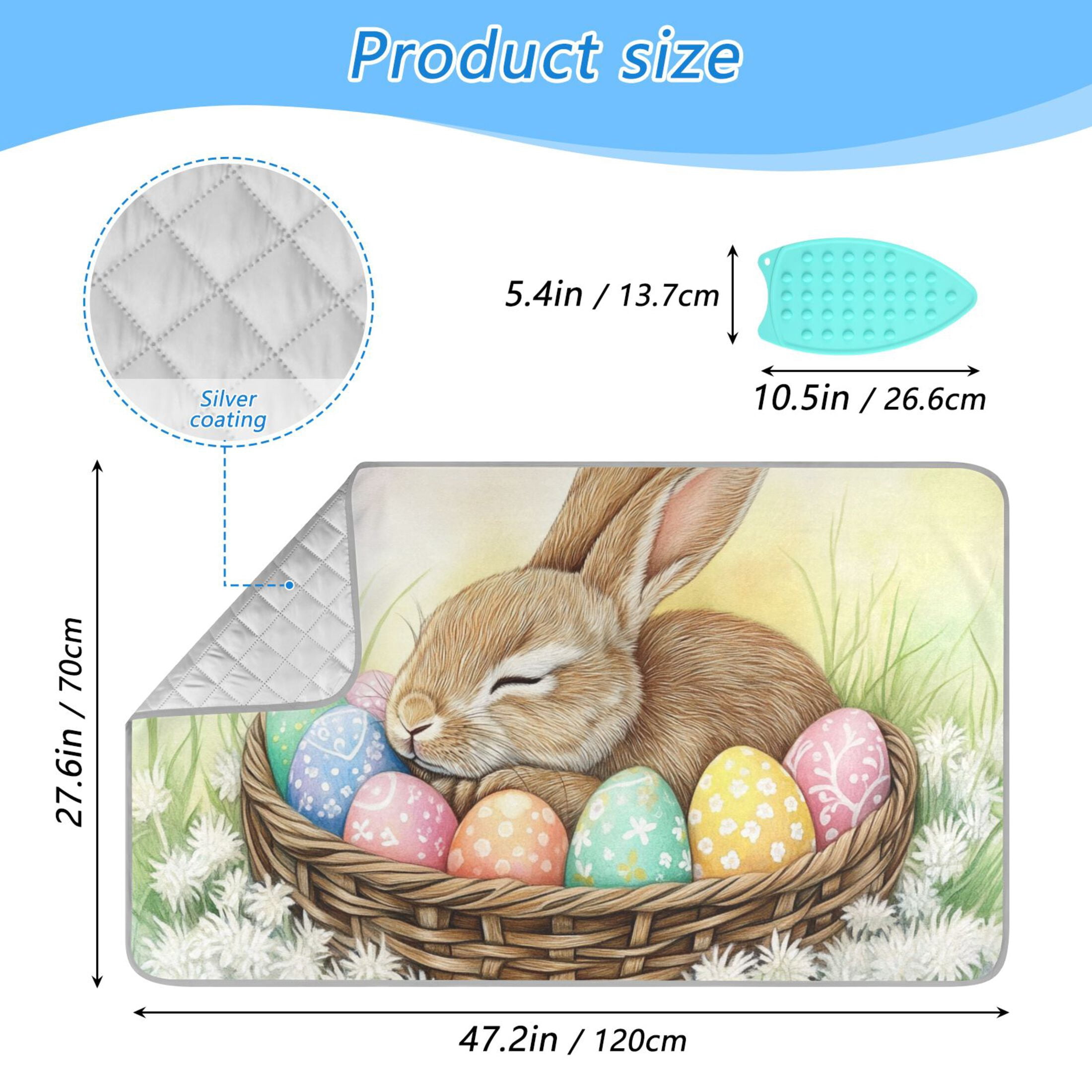 Rabbit Sleeping in Easter Basket Eggs Ironing Mat Blanket Portable Travel Ironing Pad Heat Resistant Pad 47.2" x 27.6”