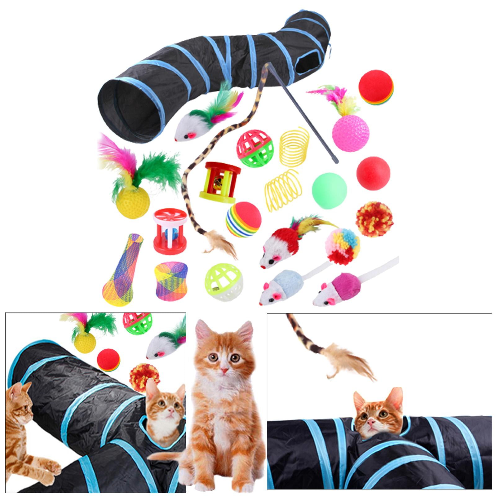 22 piece Interactive Cat Toy Sets,Collapsible Cat Tunnels for Indoor Cats, Feather Teaser Crinkle Balls Spring Toy Catnip Fish for Cats , B99505