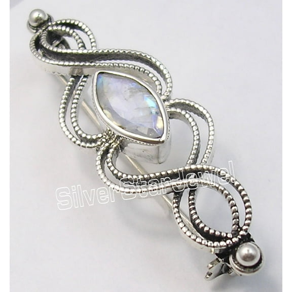 SilverStarJewel 925 Sterling Silver Marquise Rainbow Moonstone Designer Broach Brooch Artisan