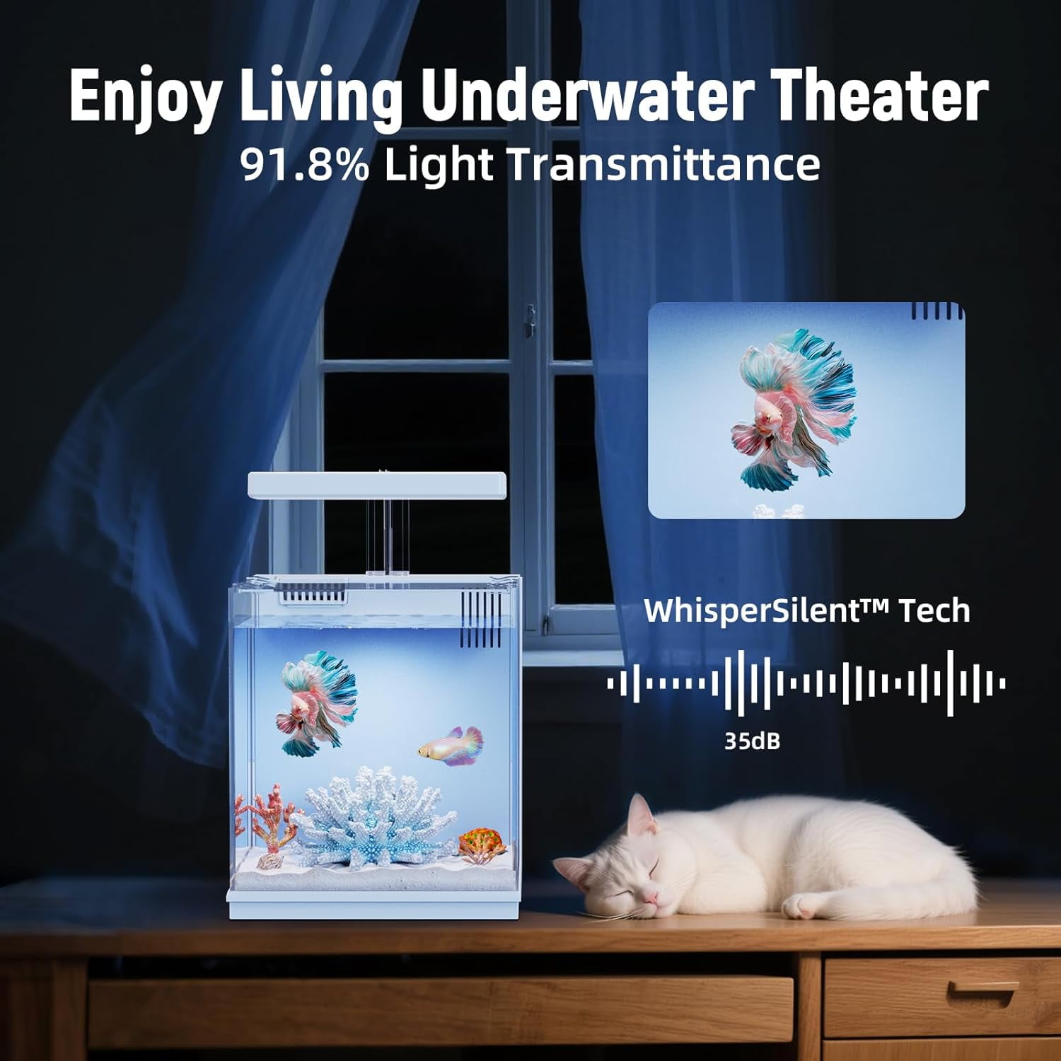 2-Gallon All-in-One Fish Tank – Silent Pump, 3-Stage Filtration & Easy Water Change, Perfect Self-Care Betta Aquarium Kit for Kids & Beginners