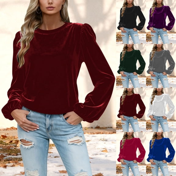 VKOYWKM Velvet Tops for Women Vintage Puff Long Sleeve Soft Velour Shirts Crew Neck Dressy Casual Blouses Trendy Spring Fall Basic Shirt