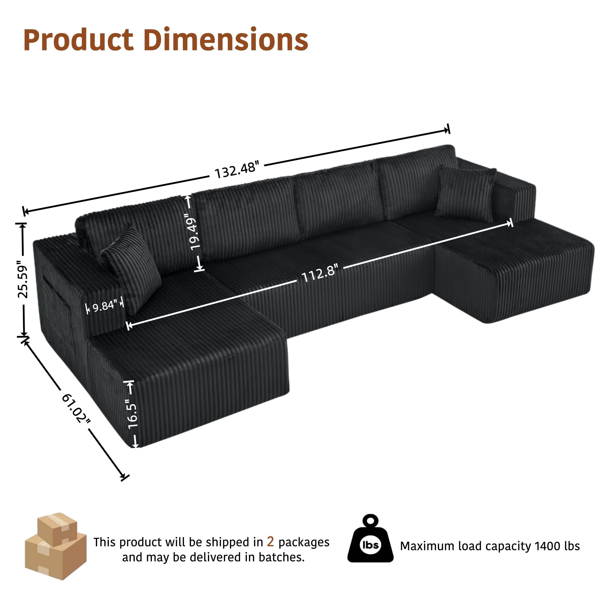 ShiKeyi 132.5" Modern U-Shaped Modular Sectional Sofa with Double Chaise, Corduroy Fabric Cloud Couch Set with Storage Pockets for Living Room, No Assembly Required, Black