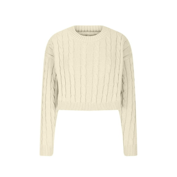 Qetyuw Cropped Sweaters for Women Cable Knit Long Sleeve Crew Neck Pullover Jumpers Solid Color Casaul Chunky Sweater