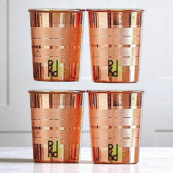 PEEKDEE Pure Copper Silver touch Glass Drinking Serving Water Tumbler Set of 4 For Yoga Ayurveda 300ML