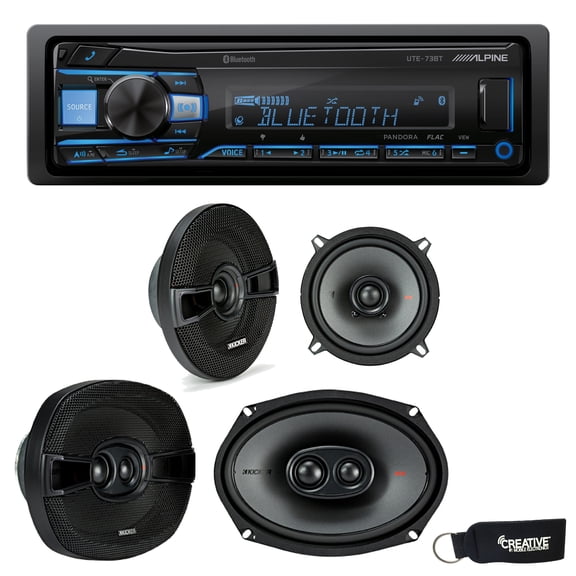 Alpine UTE-73BT Bluetooth Receiver (No CD), a Pair of 44KSC504 5.25" Speakers, and 44KSC69304 6x9" Speakers