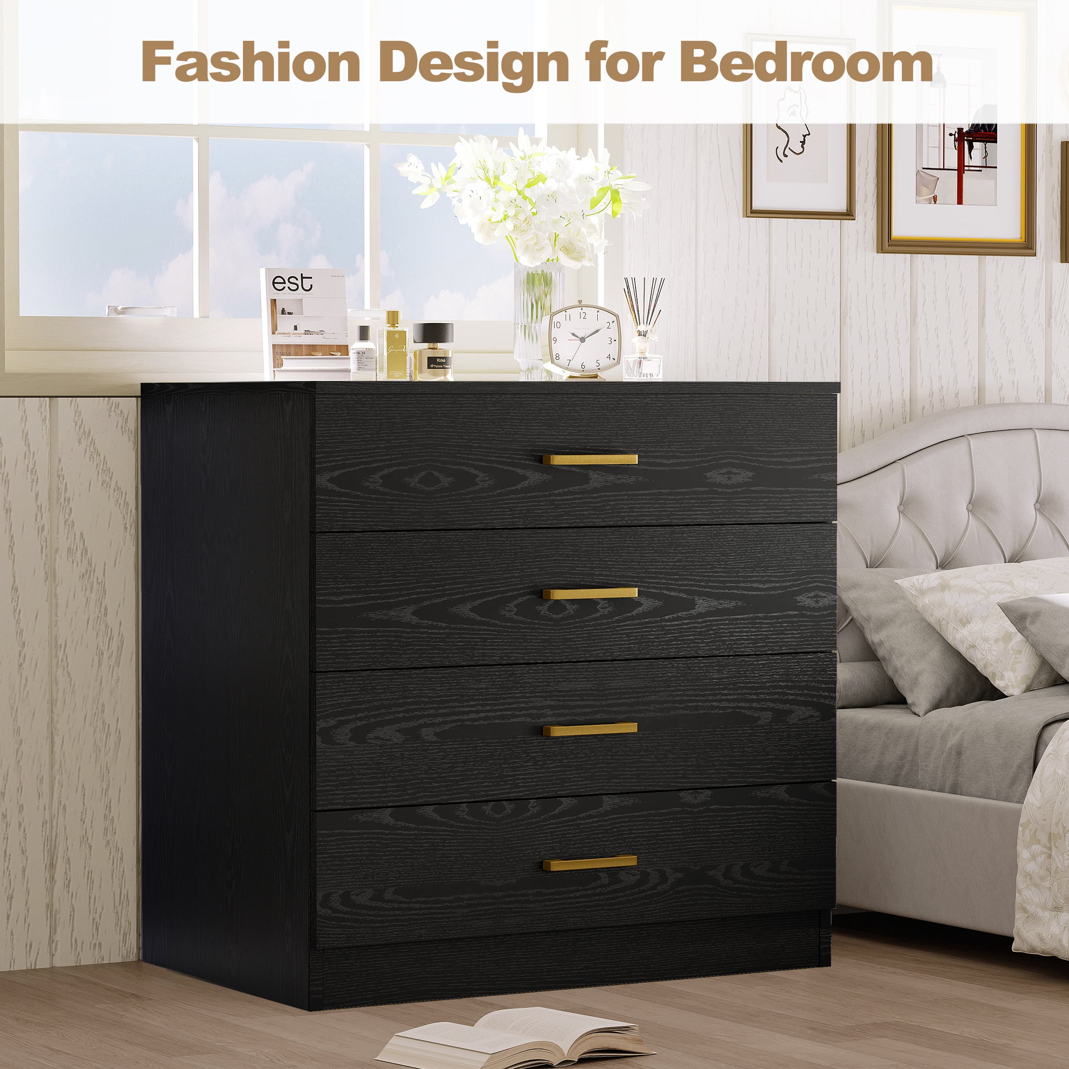 4 Drawers Dresser Bedside Night Stand for Bedroom, Closet, Entryway, Hallway, Black