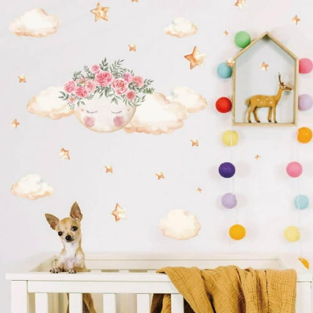 Calcomanías de pared con diseño de luna, flores y nubes, vinilos de colores para pared, decoración de pared para guardería, murales de vinilo DIY, despegar y pegar.