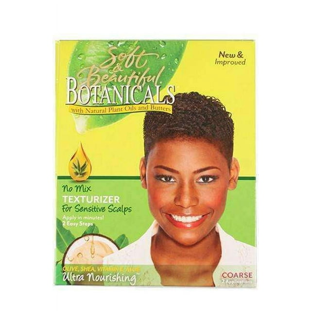 Soft & Beautiful Texturizer For Sensitive Scalps Coarse packaging with bold branding and product details. The box highlights its no-mix formula, natural plant oils, and butters for ultra-nourishing hair care. Ideal for coarse hair and sensitive scalps, it creates professional-looking waves and curls in minutes with two easy steps.