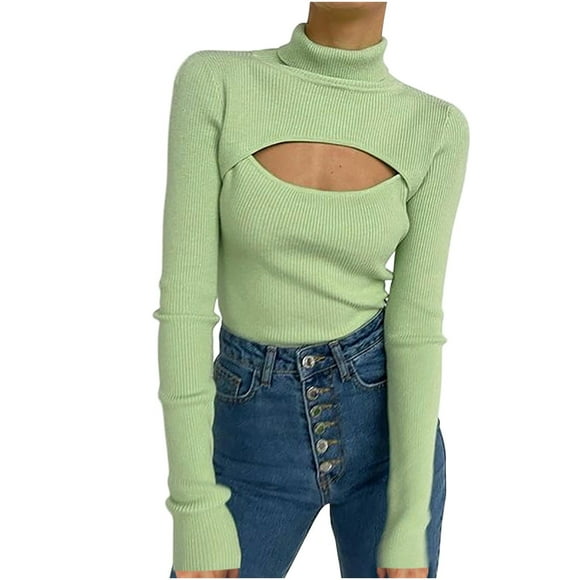 Femmes Tailles Multiples Sexy Rétro Belle Couleur Unie Manches Longues Polyester Top Chemisier Shirt (Vert, L)