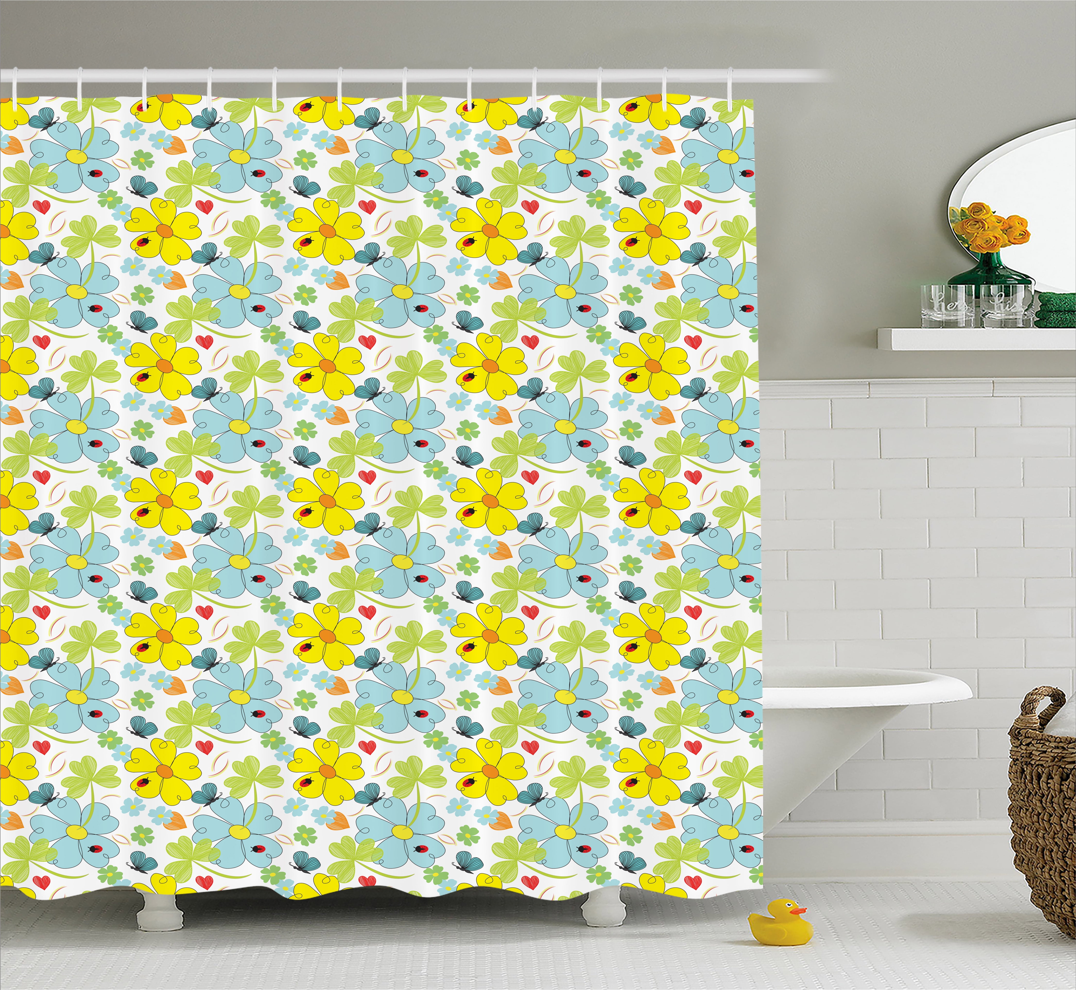 Yellow and Blue Shower Curtain, Daisies and Shamrock Flowers with Hand