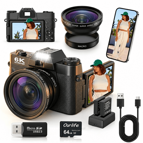 Ourlife 6K Digital Camera for Photography, 64MP Vlogging Camera for YouTube with Wifi, 16X Zoom Autofocus, Wide-Angle & Macro Lens, 64GB Card - Black