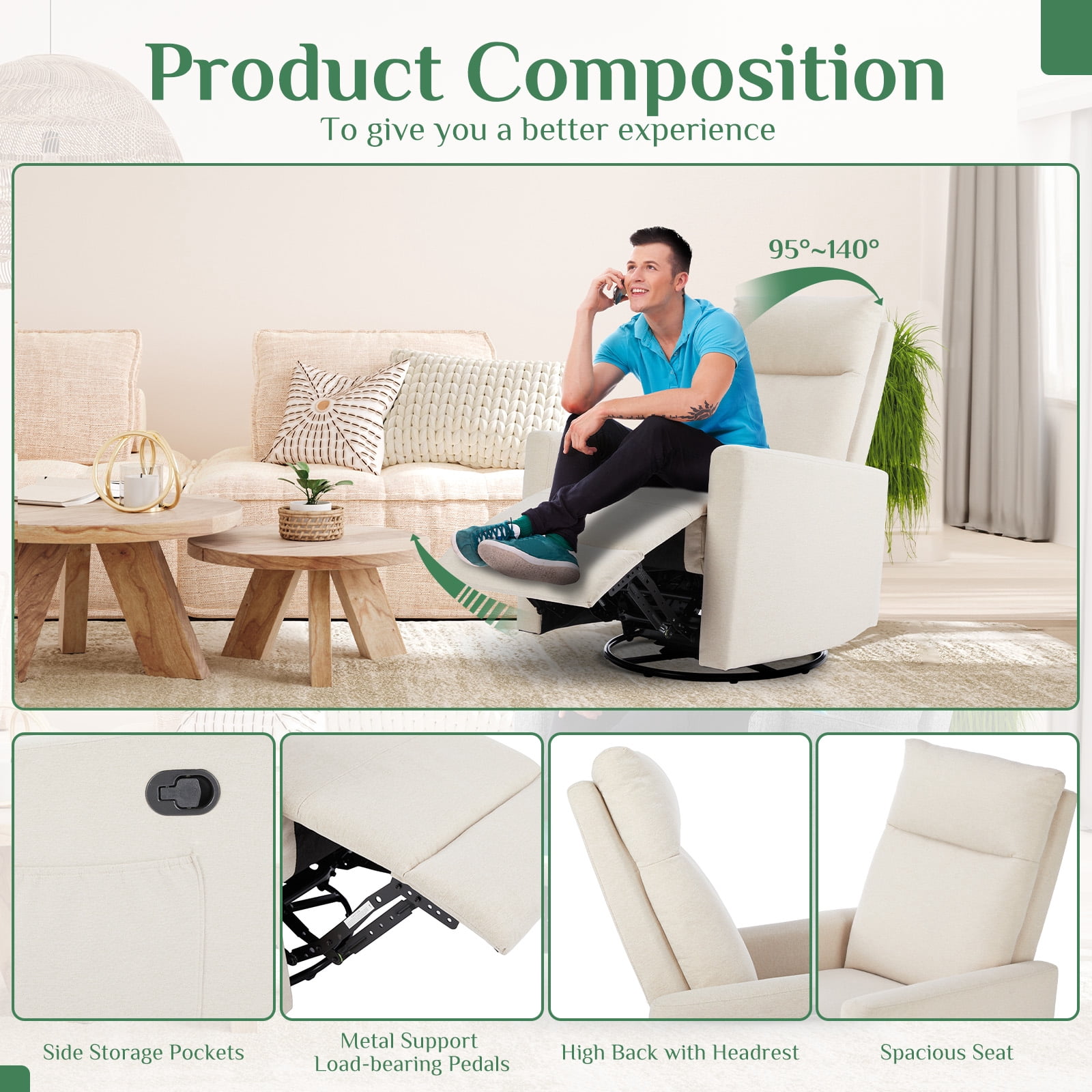 Gianna Swivel Recliner Chair, Living Room Glider Rocker Recliners, Nursery Massage Rocking Chairs