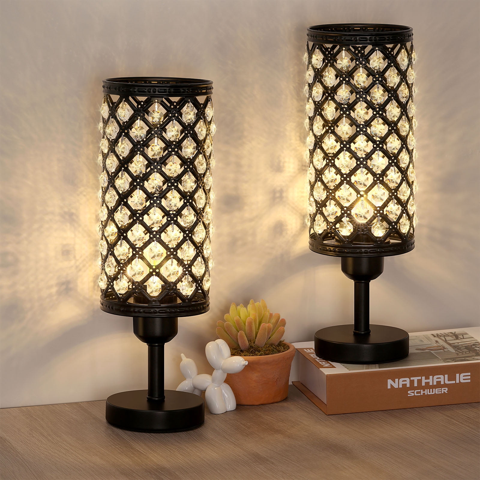 Black Vintage Crystal Table Lamp with Clear Beads and Metal Base (Set of 2)