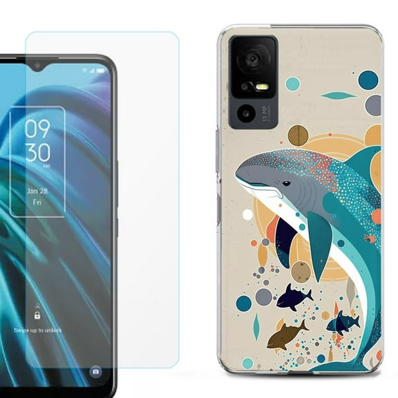 OneToughShield ® for TCL 40 XE 5G Shockproof Fashion Phone Case, with Tempered Glass Screen Protector - Dolphin Family
