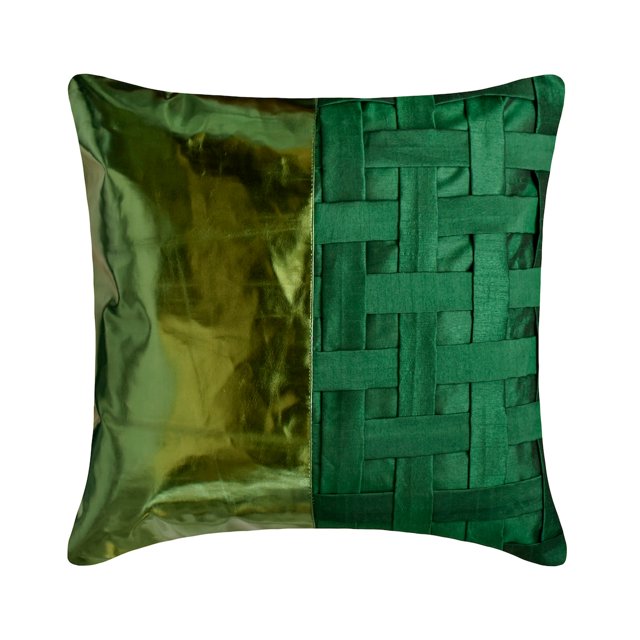 The HomeCentric Decorative Green 20"x20" (50x50 cm) Throw Pillow Covers, Faux Leather & Silk Patchwork, Textured & Metallic Leather Throw Pillows For Sofa, Solid Pattern Modern Style - Green N Half